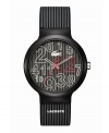 Brilliant streaks from Lacoste. Unisex Goa watch crafted of gray and black stripe silicone strap and round plastic case. Gray and black stripe dial features jumbled white and red numerals, iconic crocodile logo at twelve o'clock, cut-out hour and minute hands, and red second hand. Quartz movement. Water resistant to 30 meters. Two-year limited warranty.