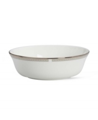 Metropolitan sensibility and modern design combine in this understated versatile white bone china bowl from Lenox's collection of dinnerware and dishes. Platinum gild along the edge is enhanced by a clean, platinum geometric pattern reminiscent of architectural accents. Metropolitan sensibility and modern design combine in this understated versatile white bone china bowl from Lenox's collection of dinnerware and dishes. Platinum gild along the edge is enhanced by a clean, platinum geometric pattern reminiscent of architectural accents.
