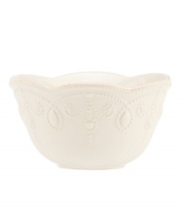 With fanciful beading and a feminine edge, this Lenox French Perle fruit bowl is a great addition to your white dinnerware and has an irresistibly old-fashioned sensibility. Hard-wearing stoneware is dishwasher safe and, in a soft white hue with antiqued trim, a graceful addition to any meal. With fanciful beading and a feminine edge, this Lenox French Perle fruit bowl is a great addition to your white dinnerware and has an irresistibly old-fashioned sensibility. Hard-wearing stoneware is dishwasher safe and, in a soft white hue with antiqued trim, a graceful addition to any meal.