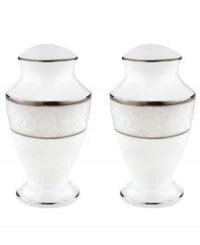 This elegant salt shaker is accented with a delicate flourish of vine-like, white-on-white imprints with raised, iridescent enamel dots. From Lenox's dinnerware and dishes collection. This elegant salt shaker is accented with a delicate flourish of vine-like, white-on-white imprints with raised, iridescent enamel dots. From Lenox's dinnerware and dishes collection.