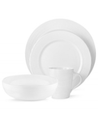 Find style and substance in the pure white glaze and durable bone china of this Tin Can Alley place setting. Concentric grooves – seven degrees – distinguish the edge or exterior of each piece for a look of understated elegance.