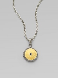 From the Shield Collection. An aptly named disc pendant of hammered 24k gold sits in a richly granulated frame of sterling silver with a faceted black spinel stone at its center.Black spinelSterling silver and 24k yellow goldAdjustable chain length, about 16-18Pendant diameter, about ¾Hook claspImported From the Shield Collection. An aptly named disc pendant of hammered 24k gold sits in a richly granulated frame of sterling silver with a faceted black spinel stone at its center.Black spinelSterling silver and 24k yellow goldAdjustable chain length, about 16-18Pendant diameter, about ¾Hook claspImported