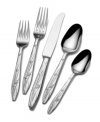 An intricate flower pattern stretches the length of each handle, lending an eye-catching texture and natural beauty to this whimsical flatware from Mikasa's collection of place settings. Made from brilliant 18/10 stainless steel, it shines especially bright beside Pure Red dinnerware.