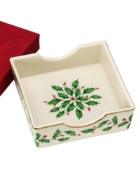 The most cherished seasonal pattern, in ivory fine porcelain trimmed in pure 24 karat gold. This napkin holder is the perfect addition to your holiday sideboard. Holder measures 5.75 and comes with red napkins. The most cherished seasonal pattern, in ivory fine porcelain trimmed in pure 24 karat gold. This napkin holder is the perfect addition to your holiday sideboard. Holder measures 5.75 and comes with red napkins.