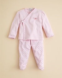 From nap time to play time, the kimono top and heart-print pant bring luxury and style to your little gal. From nap time to play time, the kimono top and heart-print pant bring luxury and style to your little gal.