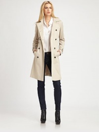 Timeless and versatile, this double-breasted trench boasts the impeccable tailoring and attention to fit that Theory is known for.Notch collar with hook-and-eye closureGun-flapButton frontSelf-beltSlash pocketsBack ventAbout 36 from shoulder to hem97% cotton/3% polyurethaneMachine washImportedModel shown is 5'10 (177cm) wearing US size Small. Timeless and versatile, this double-breasted trench boasts the impeccable tailoring and attention to fit that Theory is known for.Notch collar with hook-and-eye closureGun-flapButton frontSelf-beltSlash pocketsBack ventAbout 36 from shoulder to hem97% cotton/3% polyurethaneMachine washImportedModel shown is 5'10 (177cm) wearing US size Small.