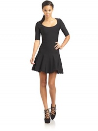 THE LOOKScoopneckShort sleevesBody-con fitSeamed waistFlared skirtTHE FITAbout 33 from shoulder to hemTHE MATERIALRayon/nylon/spandexCARE & ORIGINMachine washImportedModel shown is 5'9 (175cm) wearing US size Small. THE LOOKScoopneckShort sleevesBody-con fitSeamed waistFlared skirtTHE FITAbout 33 from shoulder to hemTHE MATERIALRayon/nylon/spandexCARE & ORIGINMachine washImportedModel shown is 5'9 (175cm) wearing US size Small.
