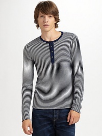 Seriously soft wool/cashmere pullover with timeless stripes a henley placket and lots of preppy appeal.Crew neckline Four button placket Long sleeves 70% superfine wool/30% cashmere Dry clean Imported Seriously soft wool/cashmere pullover with timeless stripes a henley placket and lots of preppy appeal.Crew neckline Four button placket Long sleeves 70% superfine wool/30% cashmere Dry clean Imported