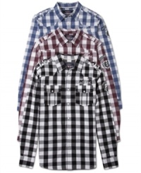Relax or !GO WILD! wearing this fun fitted and fashionable long sleeve two tone plaid shirt with epaulet loop strap detail on shoulder by Ecko Unltd. Relax or !GO WILD! wearing this fun fitted and fashionable long sleeve two tone plaid shirt with epaulet loop strap detail on shoulder by Ecko Unltd.
