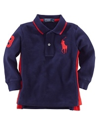 A long-sleeved cotton mesh polo, crafted in a classic fit, is detailed with an embroidered Big Pony, contrast stripes at the side and a twill 3 for an athletic look. A long-sleeved cotton mesh polo, crafted in a classic fit, is detailed with an embroidered Big Pony, contrast stripes at the side and a twill 3 for an athletic look.