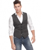 5 button front v-neck vest by Guess Jeans goes great with jeans and a collard shirt. Complete the look with the matching jacket.