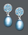 Get glamorous in blue hues. Fresh by Honora earrings feature a blue cultured freshwater pearl drop (7-7-1/2 mm) and sparkling blue topaz accents. Set in sterling silver. Approximate drop: 3/8 inch.