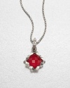 From the Superstud Collection. A pointy zigzag setting of polished sterling silver holds a colorful cushion of synthetic red coral layered with clear quartz on a graceful silver chain.Synthetic coral and clear quartzSterling silverChain length, about 18Pendant, about 1 squareLobster claspImported