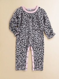 A trendy leopard print adds a touch of wild to this cozy one-piece.Gathered crewneckLong gathered sleevesPullover styleKangaroo pocketBottom snaps48% cotton/48% micro modal/4% spandexMachine washImported Please note: Number of snaps may vary depending on size ordered. A trendy leopard print adds a touch of wild to this cozy one-piece.Gathered crewneckLong gathered sleevesPullover styleKangaroo pocketBottom snaps48% cotton/48% micro modal/4% spandexMachine washImported Please note: Number of snaps may vary depending on size ordered.
