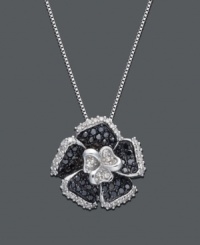Accentuate your neckline with this bold bloom. Flower pendant features round-cut black diamond (1/3 ct. t.w.) petals with a round-cut white diamond center design and edging (1/5 ct. t.w.). Necklace crafted in sterling silver. Approximate length: 18 inches. Approximate drop: 1 inch. Accentuate your neckline with this bold bloom. Flower pendant features round-cut black diamond (1/3 ct. t.w.) petals with a round-cut white diamond center design and edging (1/5 ct. t.w.). Necklace crafted in sterling silver. Approximate length: 18 inches. Approximate drop: 1 inch.