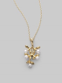 From the Olive Collection. A delicate bough of 18k gold, sprinkled with tiny white Akoya pearl olives on a graceful gold chain. 3.75mm-4.5mm white round cultured pearls Quality: A+ 18k yellow gold Chain length, about 18 Pendant drop, about 1¼ Spring ring clasp Imported From the Olive Collection. A delicate bough of 18k gold, sprinkled with tiny white Akoya pearl olives on a graceful gold chain. 3.75mm-4.5mm white round cultured pearls Quality: A+ 18k yellow gold Chain length, about 18 Pendant drop, about 1¼ Spring ring clasp Imported