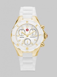 A sporty chronograph timepiece with goldplated stainless steel accents and silicone strap.Swiss quartz movement Water resistant to 5 ATM Logo bezel Round, goldplated stainless steel case, 40mm, (1.49) K-1 mineral crystal White chronograph dial Numeral hour markers Second hand Silicone strap Imported 
