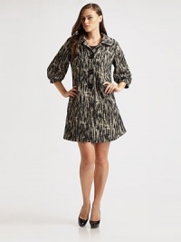 A graphic printed style with three-quarter length bishop sleeves. Wide notched collar Three-quarter length bishop sleeves Button front closure Two front slash pockets Silk lined About 36 from shoulder to hem 47% polyester/25% cotton/14% viscose/12% wool/2% spandex Dry clean Made in Italy A graphic printed style with three-quarter length bishop sleeves. Wide notched collar Three-quarter length bishop sleeves Button front closure Two front slash pockets Silk lined About 36 from shoulder to hem 47% polyester/25% cotton/14% viscose/12% wool/2% spandex Dry clean Made in Italy