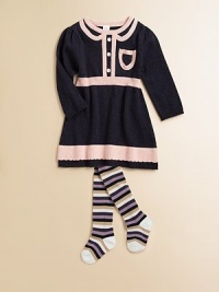 A cute, cozy knit frock is updated with front button detail, faux Peter Pan collar and front chest pocket, plus contrasting striped trim.Crewneck with faux Peter Pan collarLong puff sleevesPullover styleRibbed cuffs and hemPatch pocketCottonMachine washImported A cute, cozy knit frock is updated with front button detail, faux Peter Pan collar and front chest pocket, plus contrasting striped trim.Crewneck with faux Peter Pan collarLong puff sleevesPullover styleRibbed cuffs and hemPatch pocketCottonMachine washImported