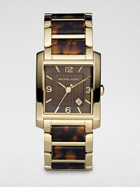 A seamless fusion of goldplated stainless steel and tortoise acetate for an ultra-chic timepiece.Quartz movement Water resistant to 5 ATM Goldplated stainless steel square case, 29mm x 30mm, (1.14 x 1.18) Chocolate brown dial Arabic numeral and index hour markers Date display between 4 and 5 o'clock Second hand Goldplated stainless steel and tortoise acetate link bracelet Imported A seamless fusion of goldplated stainless steel and tortoise acetate for an ultra-chic timepiece.Quartz movement Water resistant to 5 ATM Goldplated stainless steel square case, 29mm x 30mm, (1.14 x 1.18) Chocolate brown dial Arabic numeral and index hour markers Date display between 4 and 5 o'clock Second hand Goldplated stainless steel and tortoise acetate link bracelet Imported