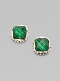 From the Venus Collection. Beautiful faceted malachite stones set in sterling silver. Sterling silver Size, about ½ Monster back with 14k gold post Imported 