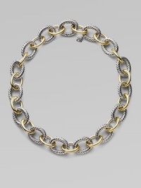 An extra bold and beautiful blending of sterling silver cable links and 18k gold smooth links. Sterling silver and 18k yellow gold Length, about 17 Made in USA An extra bold and beautiful blending of sterling silver cable links and 18k gold smooth links. Sterling silver and 18k yellow gold Length, about 17 Made in USA