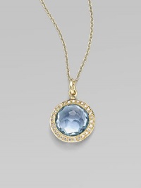 From the Lollipop Collection. A beautifully colored faceted blue topaz, framed in diamonds, hangs from a graceful 18k gold chain. Blue topaz Diamonds, 0.14 tcw 18k yellow gold Chain length, about 16 with 2 extender Pendant diameter, about ½ Spring ring clasp Imported