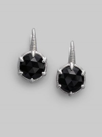 Faceted black onyx is distinctive and dramatic in a richly textured setting of sterling silver. Black onyx Sterling silver Drop, about ¾ Diameter, about ½ Post back Made in USA Faceted black onyx is distinctive and dramatic in a richly textured setting of sterling silver. Black onyx Sterling silver Drop, about ¾ Diameter, about ½ Post back Made in USA