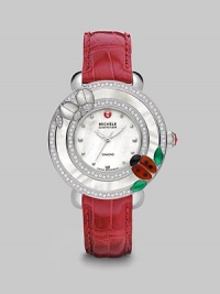 This limited edition timepiece boasts a diamond bezel with mother-of-pearl details on a luxurious alligator strap. Swiss quartz movementWater resistant to 5 ATMRound stainless steel case, 38mm (1.5)Diamond accented mother-of-pearl bezel, .52 tcwMother-of-pearl dialDot hour markersSecond hand Red alligator strap, 16mm wide (0.6)Imported