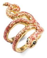 Coiled chic. This fierce snake stretch ring by RACHEL Rachel Roy is the must-have of the season. Crafted in worn gold tone mixed metal with sparkling glass accents, black crystal eyes and pink epoxy. Ring stretches to fit finger. Coiled chic. This fierce snake stretch ring by RACHEL Rachel Roy is the must-have of the season. Crafted in worn gold tone mixed metal with sparkling glass accents, black crystal eyes and pink epoxy. Ring stretches to fit finger.