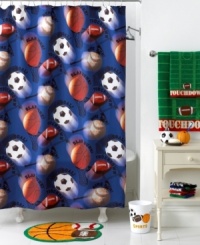 Take a time out for bath time with the Play Ball shower curtain featuring an energetic design of basketballs, soccer balls, footballs and baseballs. The top features buttonhole openings and an orange dyed stripe. Go team! Take a time out for bath time with the Play Ball shower curtain featuring an energetic design of basketballs, soccer balls, footballs and baseballs. The top features buttonhole openings and an orange dyed stripe. Go team!