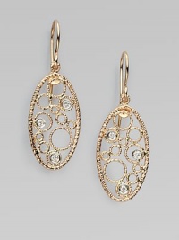 A delicate filigree-inspired oval, decorated in dazzling diamonds set in warm 18k rose gold. 18k rose goldDiamonds, .12 tcwDrop, about 2Hook backMade in Italy