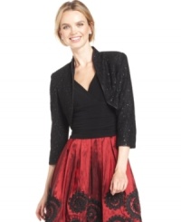 Jessica Howard's lace bolero features a cropped fit and a smattering of sequins to finish your look with a touch of shine. Jessica Howard's lace bolero features a cropped fit and a smattering of sequins to finish your look with a touch of shine.