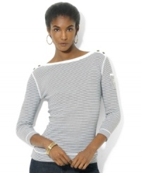 Invoking the feel of days spent on the water, Lauren Jeans Co.'s breezy boatneck tee is crafted with antiqued buttons at the shoulder and a patch pocket to complete the naval-inspired aesthetic. Invoking the feel of days spent on the water, Lauren Jeans Co.'s breezy boatneck tee is crafted with antiqued buttons at the shoulder and a patch pocket to complete the naval-inspired aesthetic.