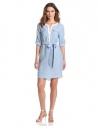 DKNYC Women's Three Quarter Roll Tab Sleeve Dress With Self Tie And Contrast Trim, Chambray, X-Large