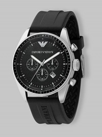 Sporty and handsome at once with a black chronograph dial and easy rubber strap. Water resistant to 5 ATM Date function at 4:30 Second hand Stainless steel case: 43mm Imported
