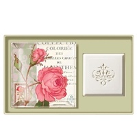 Pink Rose soap set by Fringe. This charming soap set will add an air of romance to any powder room or kitchen, any time of year. Features a Pink Rose-themed glass transferware soap tray accompanied by triple-milled soap made with vitamin E, coconut, palm and olive oil. Soap scent is Botanica, a blend of currant, blackberry and gingergrass. Pink Rose soap set by Fringe. This charming soap set will add an air of romance to any powder room or kitchen, any time of year. Features a Pink Rose-themed glass transferware soap tray accompanied by triple-milled soap made with vitamin E, coconut, palm and olive oil. Soap scent is Botanica, a blend of currant, blackberry and gingergrass.