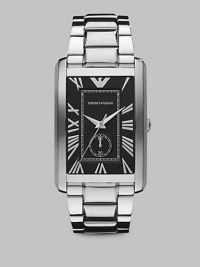 Rectangular case with a brushed and polished finish, comes together in a stainless steel bracelet with a butterfly deployant buckle.Rectangular caseWater resistant to 5ATMSecond handStainless steel case: 39mm x 31.5mm (1.54 x 1.24)Stainless steel braceletImported Rectangular case with a brushed and polished finish, comes together in a stainless steel bracelet with a butterfly deployant buckle.Rectangular caseWater resistant to 5ATMSecond handStainless steel case: 39mm x 31.5mm (1.54 x 1.24)Stainless steel braceletImported