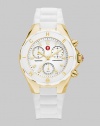 A sporty chronograph timepiece with goldplated stainless steel accents and silicone strap.Swiss quartz movement Water resistant to 5 ATM Logo bezel Round, goldplated stainless steel case, 40mm, (1.49) K-1 mineral crystal White chronograph dial Numeral hour markers Second hand Silicone strap Imported 