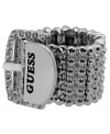Buckle up! GUESS's trendy logo and buckle ring makes a shining addition to your collection with its pave glass design in silver tone mixed metal. Size 7.