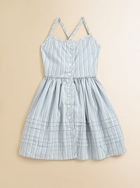A pretty vintage-inspired striped dress features a full gathered skirt for timeless style.Straight necklineThin cross-back strapsButton-frontGathered waistlineCottonMachine washImported Please note: Number of buttons may vary depending on size ordered. A pretty vintage-inspired striped dress features a full gathered skirt for timeless style.Straight necklineThin cross-back strapsButton-frontGathered waistlineCottonMachine washImported Please note: Number of buttons may vary depending on size ordered.