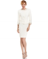 Special occasions call for uniquely elegant apparel. Tahari by ASL's luminous skirt suit features pearl trim for a polished, elegant look. Special occasions call for uniquely elegant apparel. Tahari by ASL's luminous skirt suit features pearl trim for a polished, elegant look.