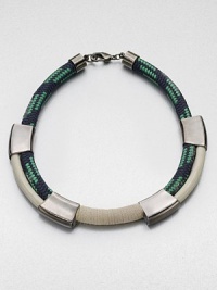 A statement piece in enamel painted rope accented with shiny metal stations and soft suede. Enamel painted ropeBraided ropeGunmetal-finished metalSuedeLength, about 18Lobster clasp closureMade in USA A statement piece in enamel painted rope accented with shiny metal stations and soft suede. Enamel painted ropeBraided ropeGunmetal-finished metalSuedeLength, about 18Lobster clasp closureMade in USA