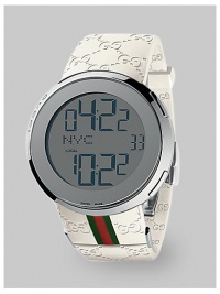 From the I-Gucci Collection. Two times can be displayed at once, in bold numbers on this sleek dial that offers the option of a digital or analog display. Digital quartz movement Water-resistant to 3ATM Stainless steel case and bezel Integrated crowns Round case; 44mm diameter (1.73) Scratch-resistant sapphire crystal Silver dial with blue display Arabic numeralsEmbossed white rubber strap with signature green-red-green detail Made in Switzerland From the I-Gucci Collection. Two times can be displayed at once, in bold numbers on this sleek dial that offers the option of a digital or analog display. Digital quartz movement Water-resistant to 3ATM Stainless steel case and bezel Integrated crowns Round case; 44mm diameter (1.73) Scratch-resistant sapphire crystal Silver dial with blue display Arabic numeralsEmbossed white rubber strap with signature green-red-green detail Made in Switzerland