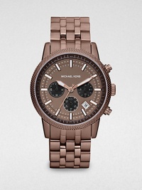 A sophisticated, espresso-tone design with a chronograph dial in brushed and shiny stainless steel.Chronograph movementRound bezelWater resistant to 10ATMDate display at 3 o'clock Second handStainless steel case: 43mm(1.69)Leather braceletImported A sophisticated, espresso-tone design with a chronograph dial in brushed and shiny stainless steel.Chronograph movementRound bezelWater resistant to 10ATMDate display at 3 o'clock Second handStainless steel case: 43mm(1.69)Leather braceletImported
