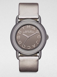 A sleek gunmetal ion-plated stainless steel design with a metallic leather strap. Quartz movementWater resistant to 5 ATMRound gunmetal ion-plated stainless steel case, 33mm (1.3)Smooth bezelGunmetal mirror dialLogo hour markersSecond hand Metallic leather strapImported