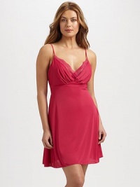 A beautifully cut figure-flattering silhouette, finished with elegant ruching and chantilly lace appliqué. Sweetheart neckline with lace appliquéAdjustable spaghetti strapsFront ruchingAbout 35 from shoulder to hemPolyesterMachine washImported A beautifully cut figure-flattering silhouette, finished with elegant ruching and chantilly lace appliqué. Sweetheart neckline with lace appliquéAdjustable spaghetti strapsFront ruchingAbout 35 from shoulder to hemPolyesterMachine washImported