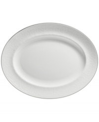 Like traditional embroidery, the Wedgwood English Lace oval platter is meticulously crafted with delicate florals, all embossed in fine bone china that's remarkably dishwasher safe. With platinum banding. Like traditional embroidery, the Wedgwood English Lace oval platter is meticulously crafted with delicate florals, all embossed in fine bone china that's remarkably dishwasher safe. With platinum banding.