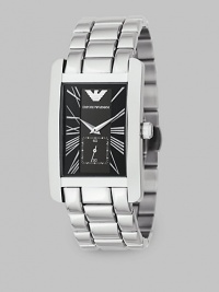 A solid stainless bracelet band offsets a black dial on this signature timepiece. Quartz movement Rectangular case Roman numeral markers Sub dial with second hand Imported