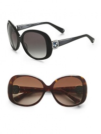 From the Albion Collection. Oversized acetate frames featuring iconic cushion-cut gemstones with signature Yurman cable detail. Available in black onyx with sterling silver accents and hampton blue stones with smoke double gradient lens or tortoise with 18k gold vermeil accents and turquoise stones with brown double gradient lens. 100% UVA/UVB protection Imported From the Albion Collection. Oversized acetate frames featuring iconic cushion-cut gemstones with signature Yurman cable detail. Available in black onyx with sterling silver accents and hampton blue stones with smoke double gradient lens or tortoise with 18k gold vermeil accents and turquoise stones with brown double gradient lens. 100% UVA/UVB protection Imported